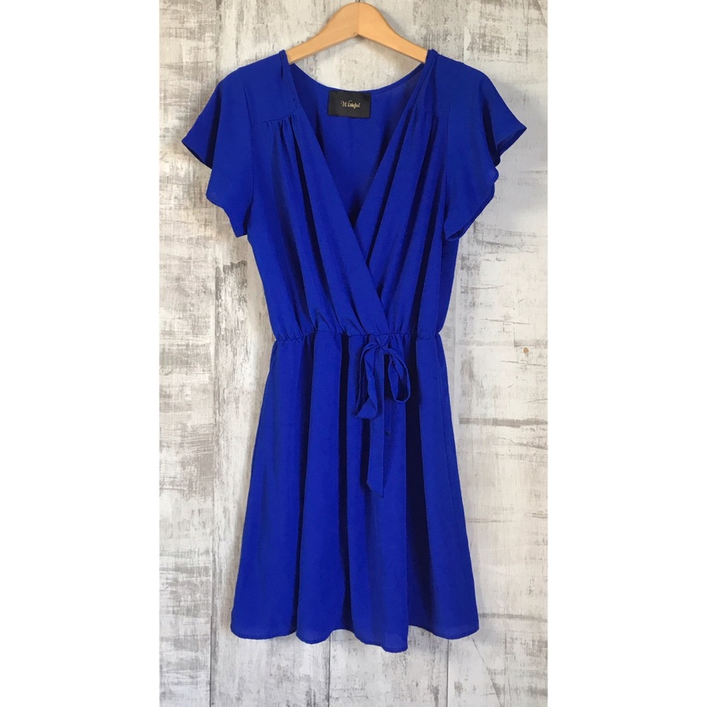 NWOT Royal Blue 1XL Wrap Dress | Wishful Sash Bow Flutter Sleeve V-Neck Cobalt